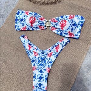 Vibrant Blue and Red Patterned Bikini Set